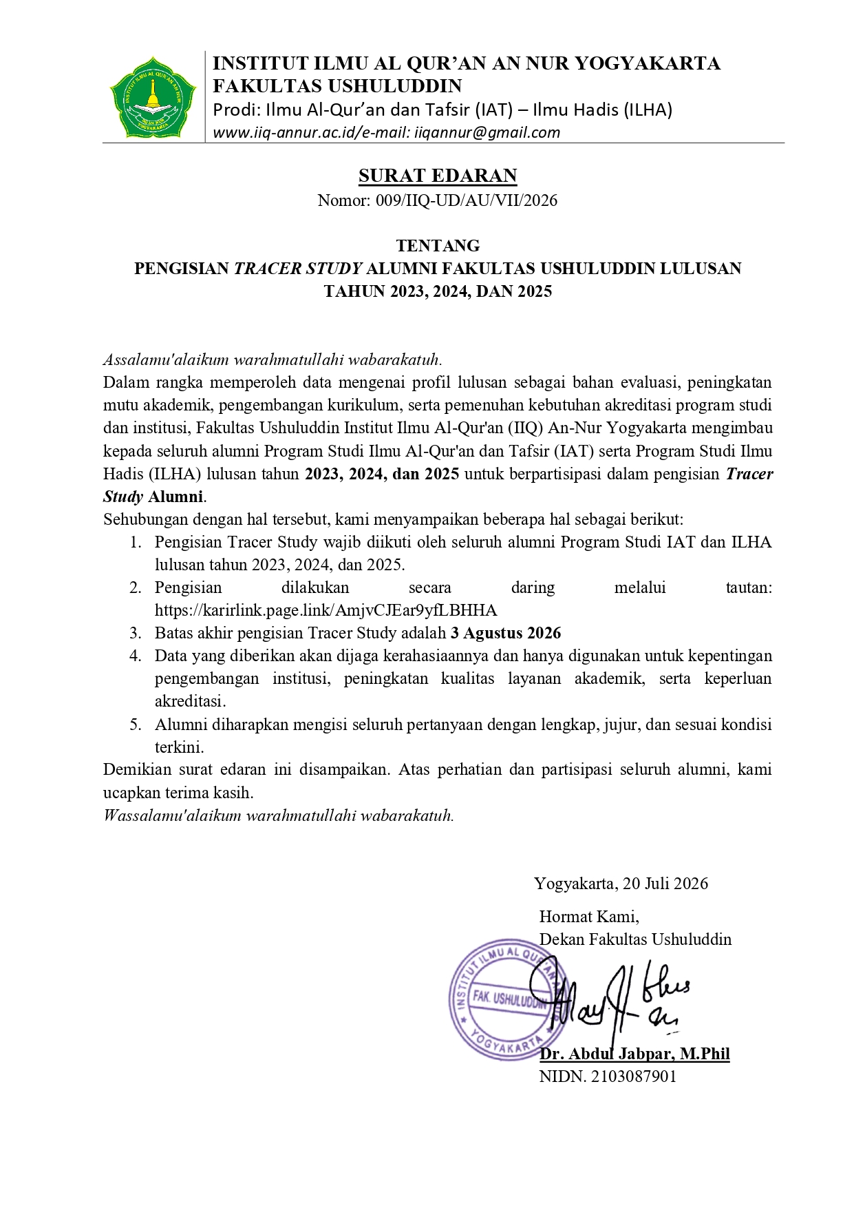 Fakultas Ushuluddin IIQ An Nur Yogyakarta Ajak Alumni Berpartisipasi dalam Tracer Study 2026